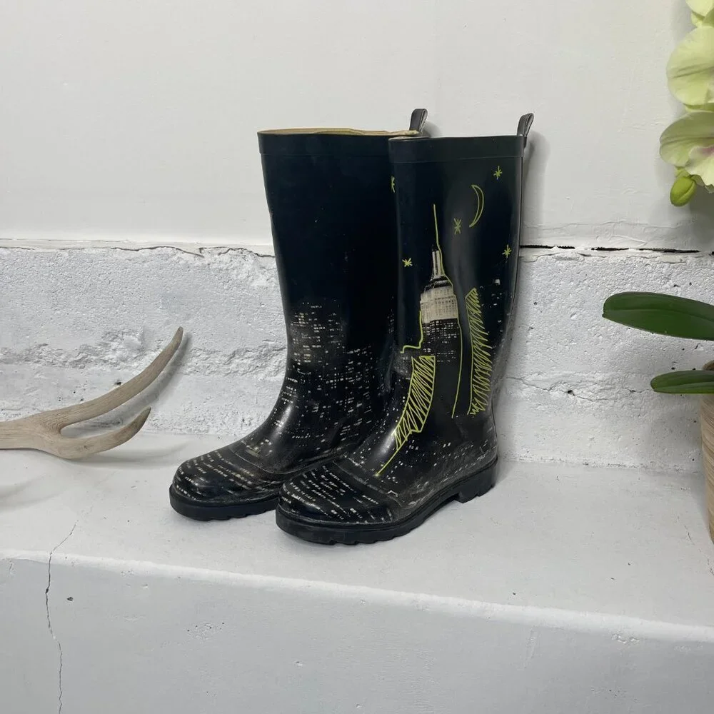Capelli New York City 6 Black & Yellow Rubber Skyscraper Mid-Calf Rain Boots